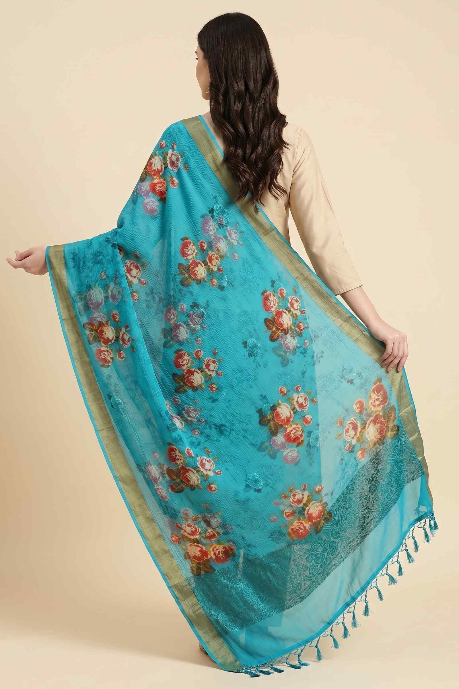 Skyblue Chiffon Silk Pure Banarasi Dupatta With Floral Digital Print Work