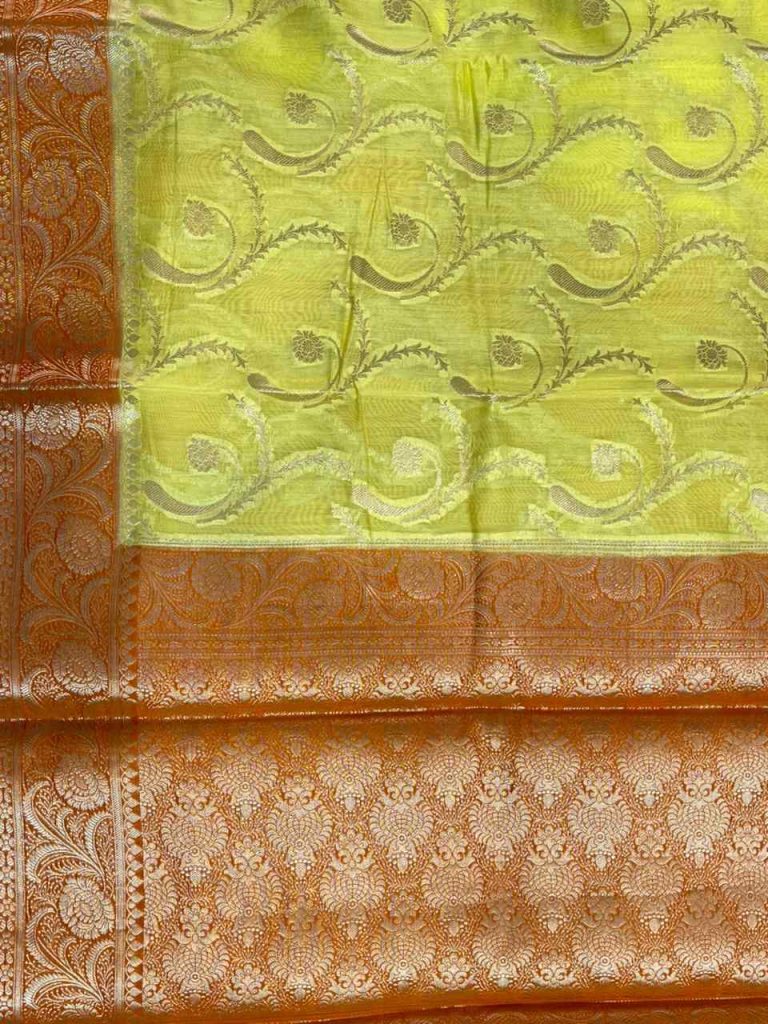 Lemon Cotton Silk Pure Banarasi Saree With Silver Zari Floral Work