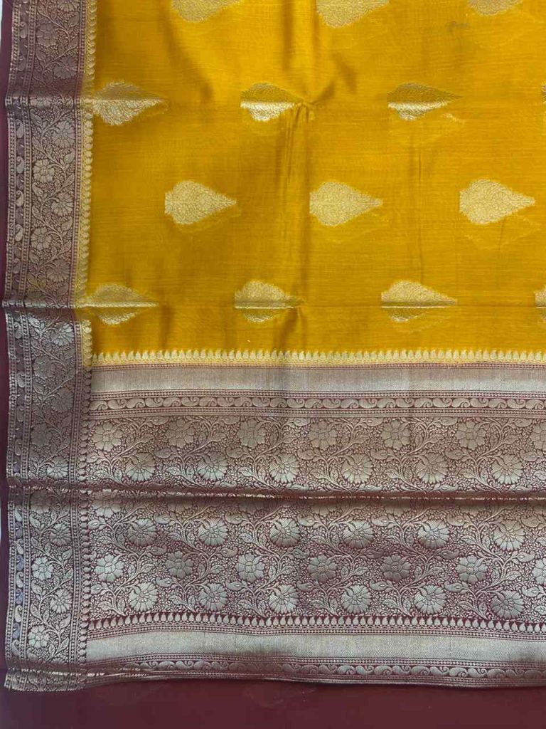 Mustard Cotton Silk Pure Banarasi Saree With Floral Zari Boota Work