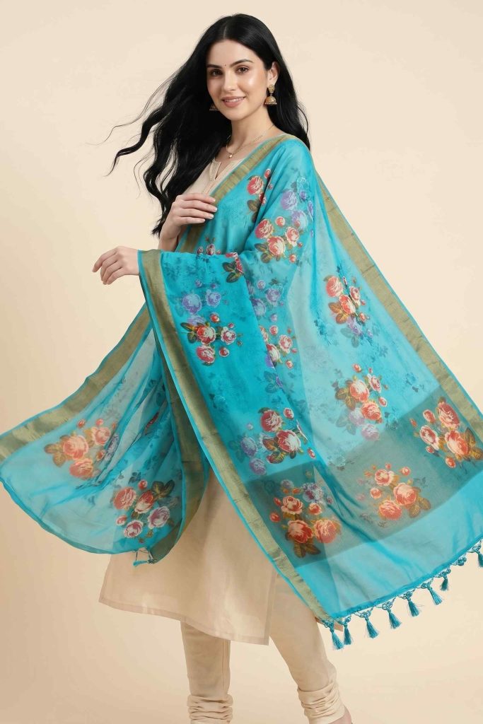 Skyblue Chiffon Silk Pure Banarasi Dupatta With Floral Digital Print Work