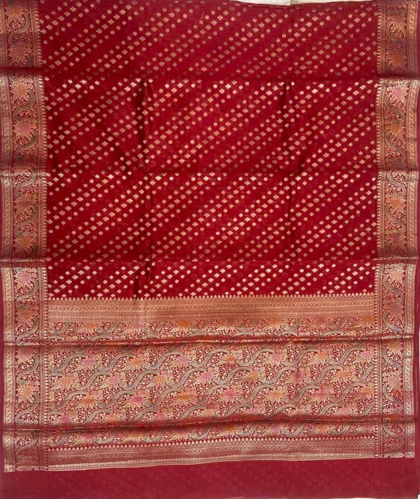 Red Cotton Silk Pure Banarasi Saree With Zari Booti And Rangkart Work
