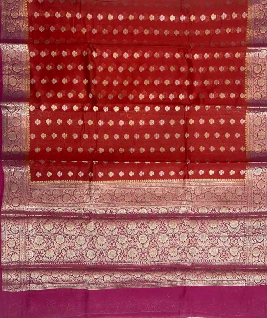 Red Cotton Silk Pure Banarasi Saree With Golden Zari Booti Work