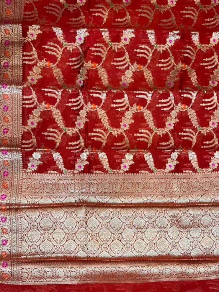 Red Cotton Silk Pure Banarasi Saree With Floral Zari Jaal Work