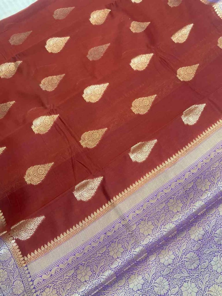 Maroon Cotton Silk Pure Banarasi Saree With Floral Zari Boota Work