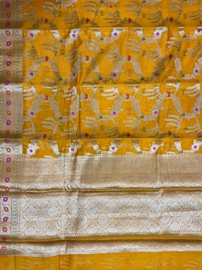 Mustard Cotton Silk Pure Banarasi Saree With Floral Zari Jaal Work