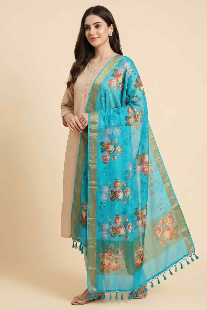 Skyblue Chiffon Silk Pure Banarasi Dupatta With Floral Digital Print Work