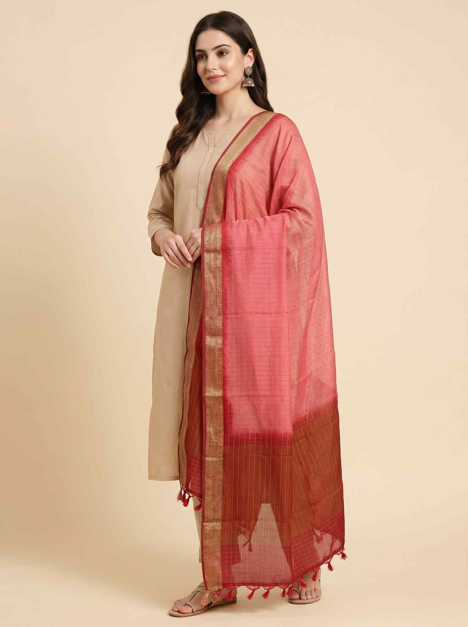 Red Chiffon Silk Pure Banarasi Dupatta With Plain Contrast Colour Concept