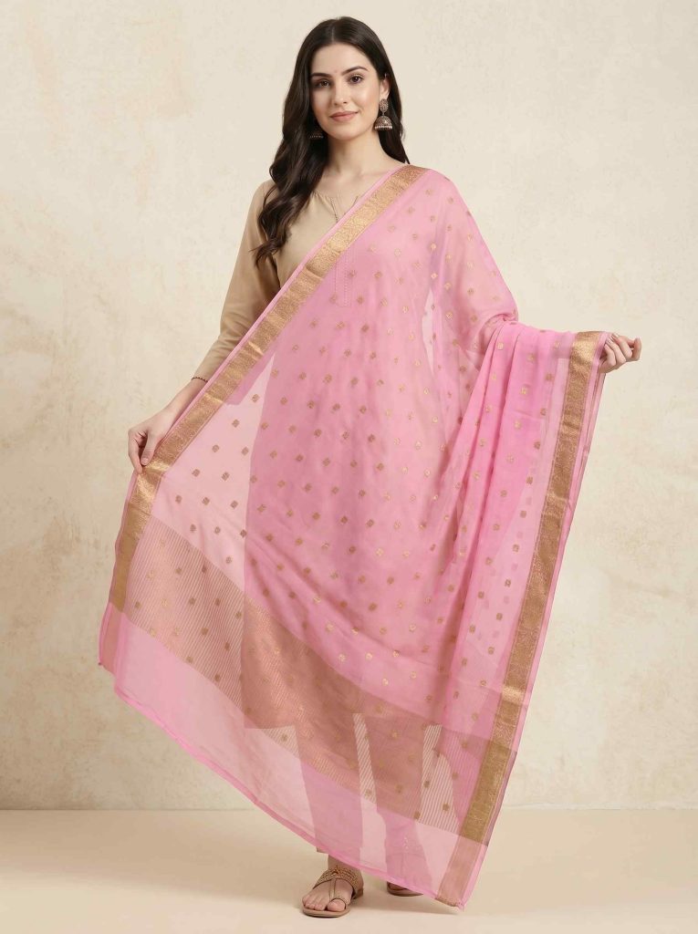 Pink Chiffon Silk Pure Banarasi Dupatta With Zari Booti Work