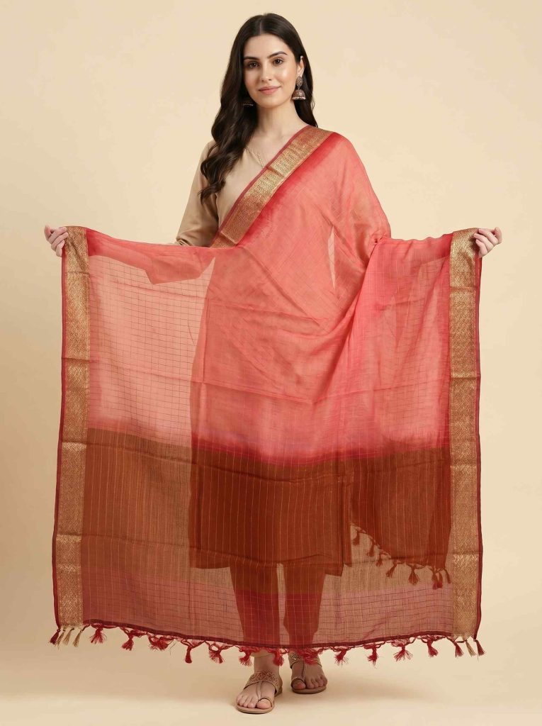 Red Chiffon Silk Pure Banarasi Dupatta With Plain Contrast Colour Concept