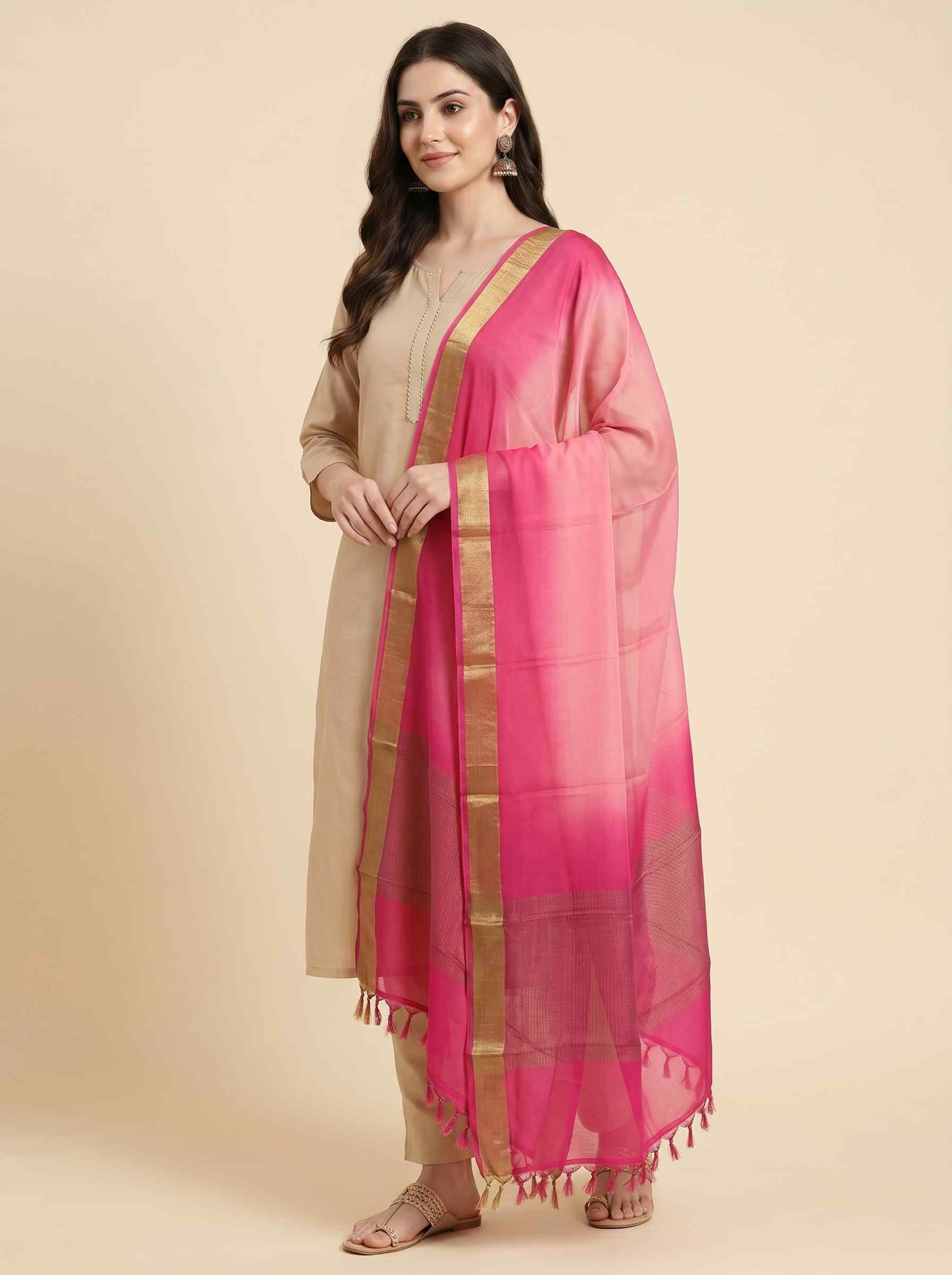 Pink Chiffon Silk Pure Banarasi Dupatta With Plain Contrast Colour Concept