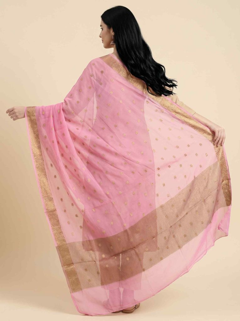 Pink Chiffon Silk Pure Banarasi Dupatta With Zari Booti Work