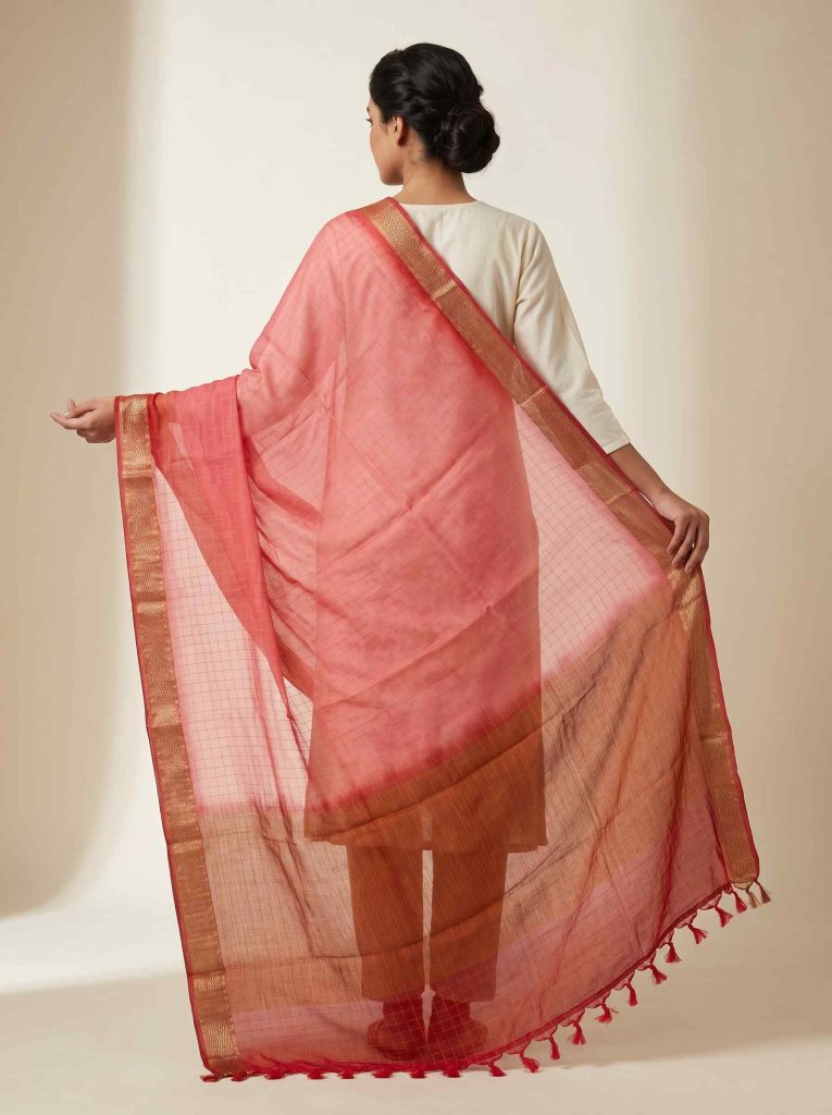 Red Chiffon Silk Pure Banarasi Dupatta With Plain Contrast Colour Concept