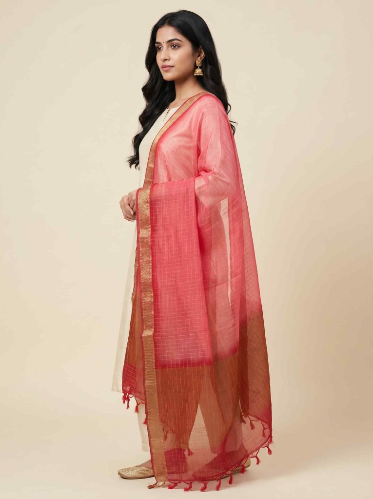 Red Chiffon Silk Pure Banarasi Dupatta With Plain Contrast Colour Concept