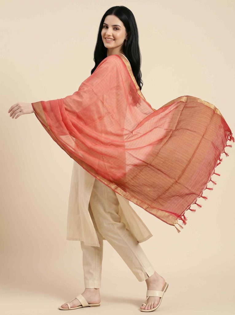 Red Chiffon Silk Pure Banarasi Dupatta With Plain Contrast Colour Concept