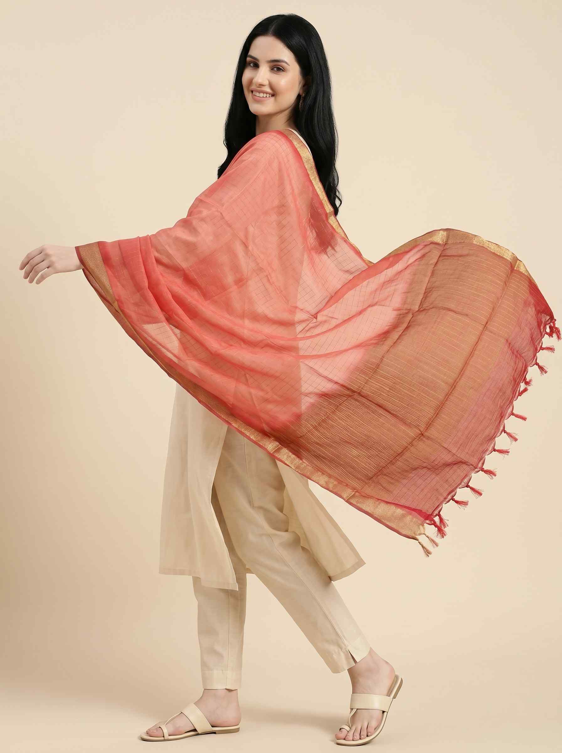 Red Chiffon Silk Pure Banarasi Dupatta With Plain Contrast Colour Concept