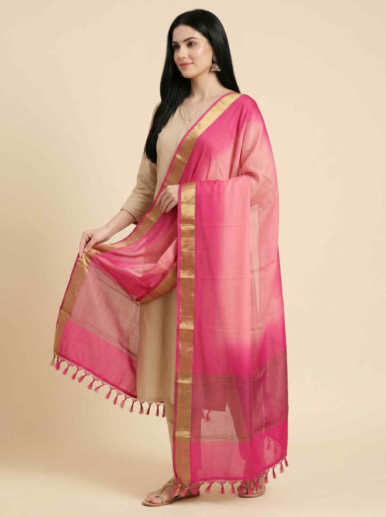 Pink Chiffon Silk Pure Banarasi Dupatta With Plain Contrast Colour Concept