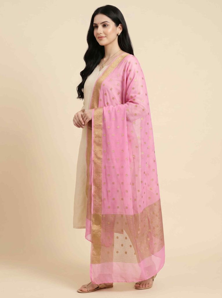 Pink Chiffon Silk Pure Banarasi Dupatta With Zari Booti Work