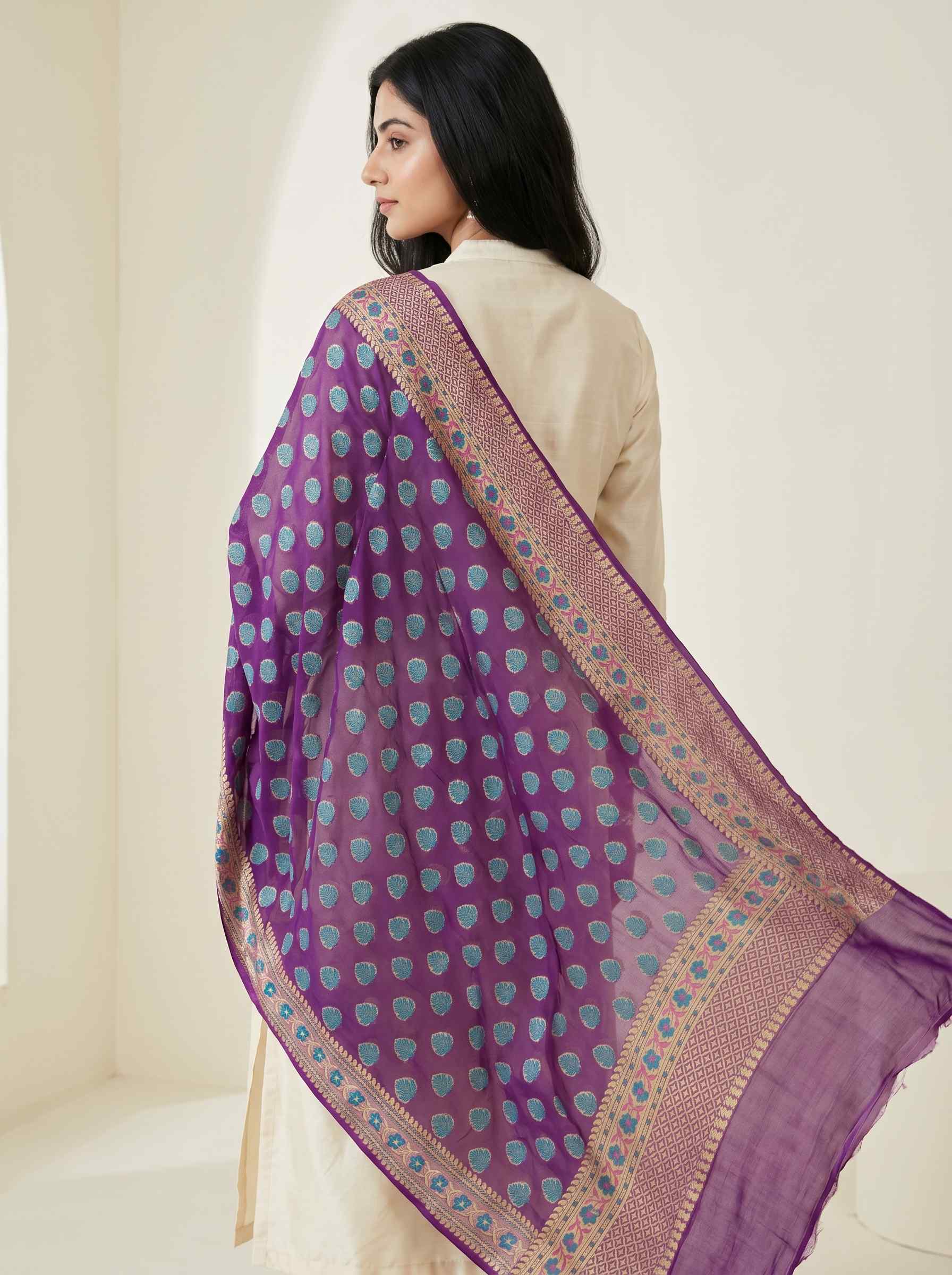 Purple Chiffon Silk Pure Banarasi Dupatta With  Floral Zari Booti Work