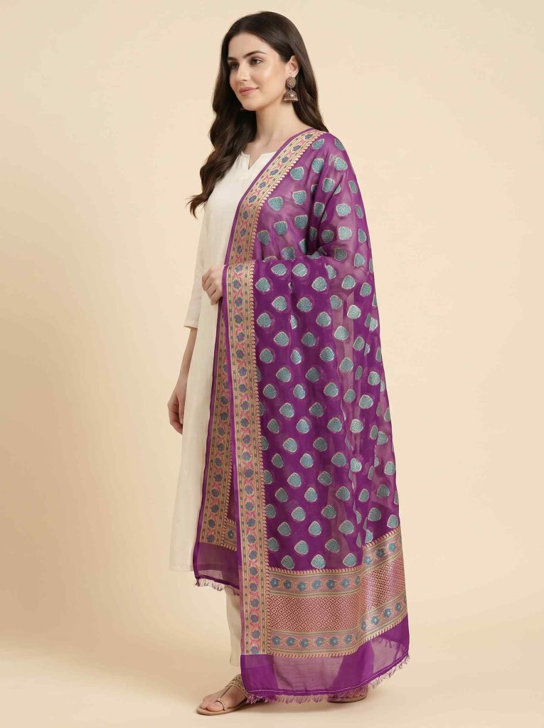 Purple Chiffon Silk Pure Banarasi Dupatta With  Floral Zari Booti Work