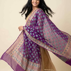 Purple Chiffon Silk Pure Banarasi Dupatta With  Floral Zari Booti Work