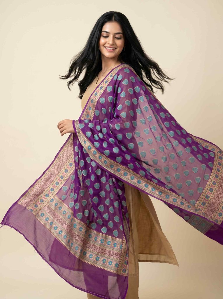 Purple Chiffon Silk Pure Banarasi Dupatta With  Floral Zari Booti Work