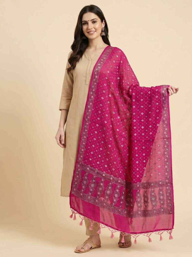 Rani Pink Chiffon Silk Pure Banarasi Dupatta With Silver Zari Booti Work