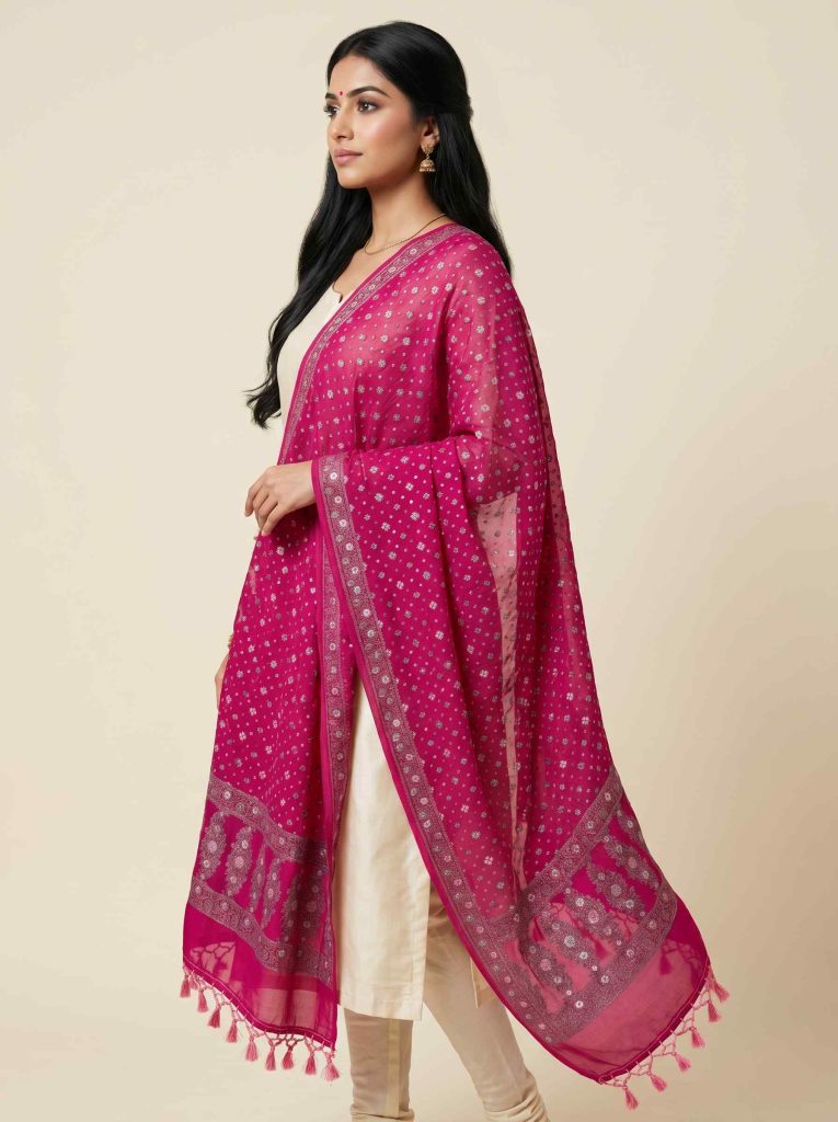 Rani Pink Chiffon Silk Pure Banarasi Dupatta With Silver Zari Booti Work