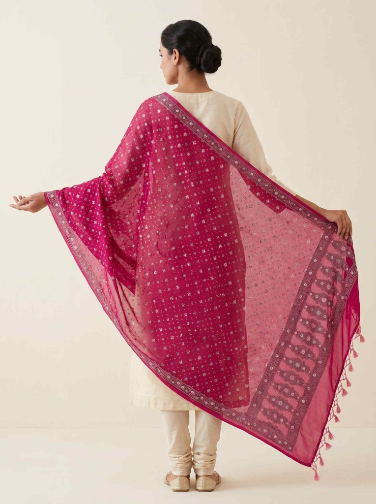 Rani Pink Chiffon Silk Pure Banarasi Dupatta With Silver Zari Booti Work