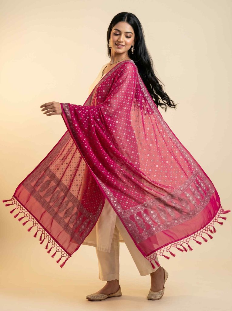 Rani Pink Chiffon Silk Pure Banarasi Dupatta With Silver Zari Booti Work