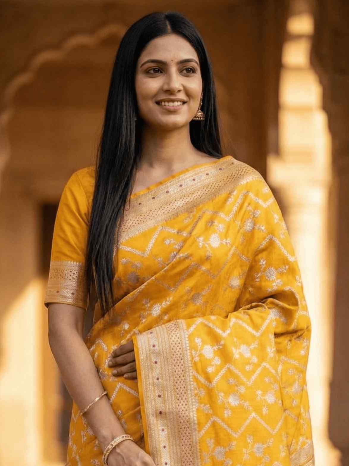 Mustard Chiniya Silk Pure Banarasi Saree With Floral Zari Jaal Work