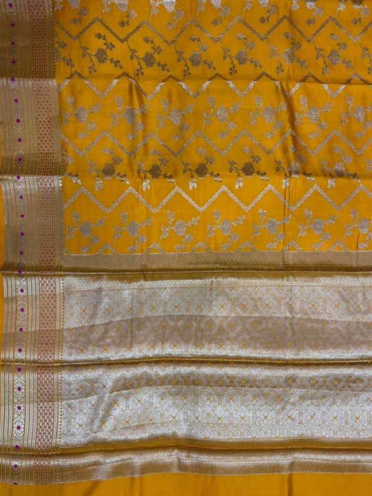 Mustard Chiniya Silk Pure Banarasi Saree With Floral Zari Jaal Work