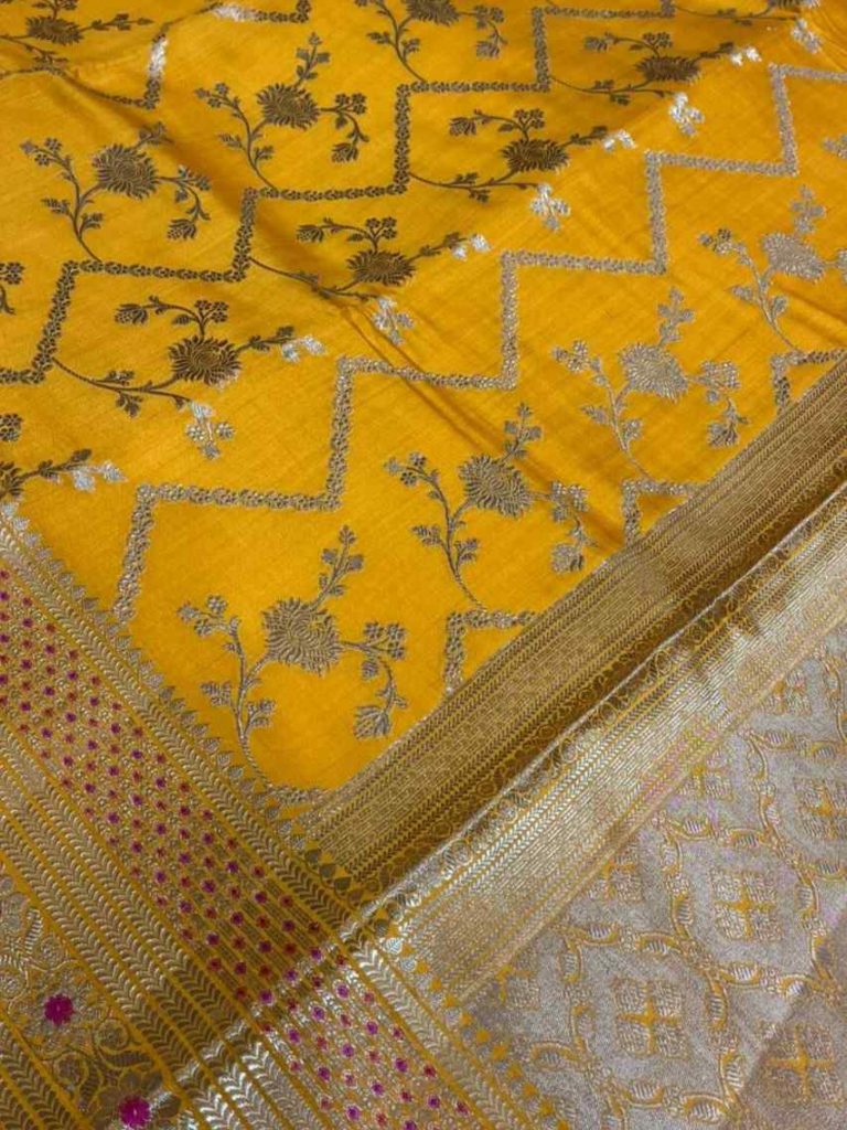 Mustard Chiniya Silk Pure Banarasi Saree With Floral Zari Jaal Work