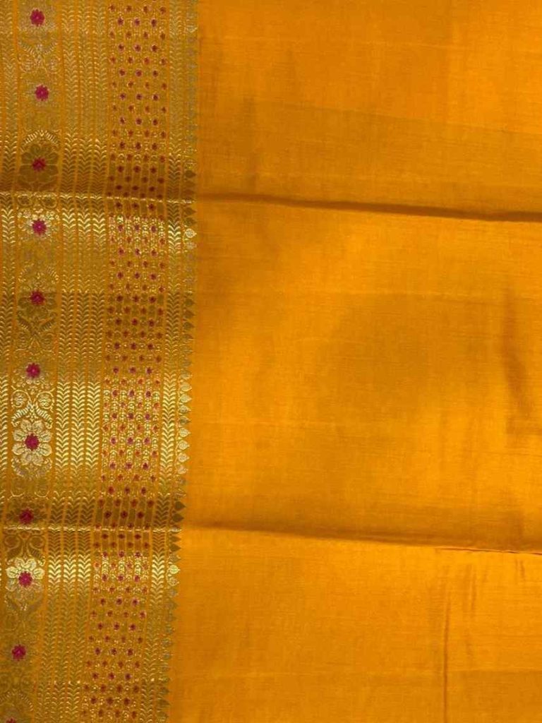 Mustard Chiniya Silk Pure Banarasi Saree With Floral Zari Jaal Work