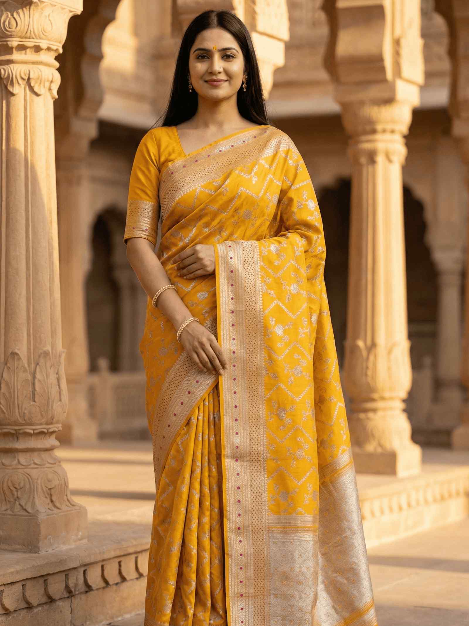 Mustard Chiniya Silk Pure Banarasi Saree With Floral Zari Jaal Work
