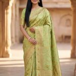 Pista Green Chiniya Silk Pure Banarasi Saree With Floral Zari Jaal Work
