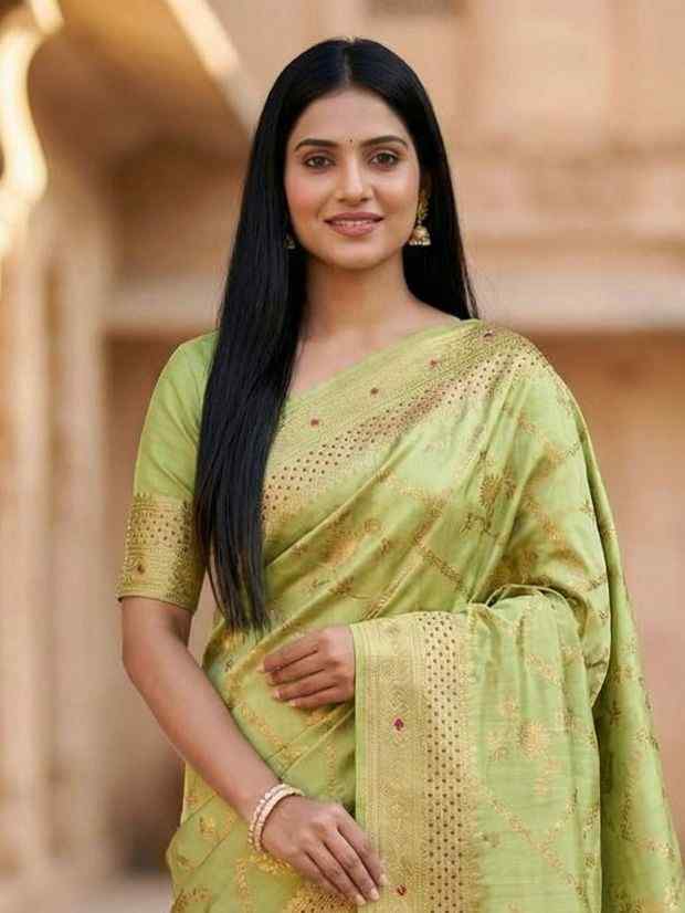 Pista Green Chiniya Silk Pure Banarasi Saree With Floral Zari Jaal Work