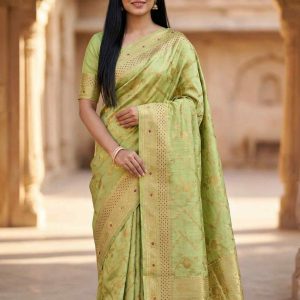 Pista Green Chiniya Silk Pure Banarasi Saree With Floral Zari Jaal Work