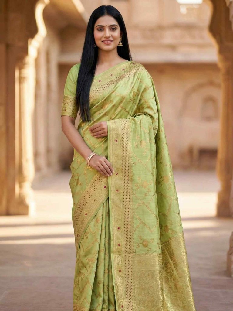 Pista Green Chiniya Silk Pure Banarasi Saree With Floral Zari Jaal Work