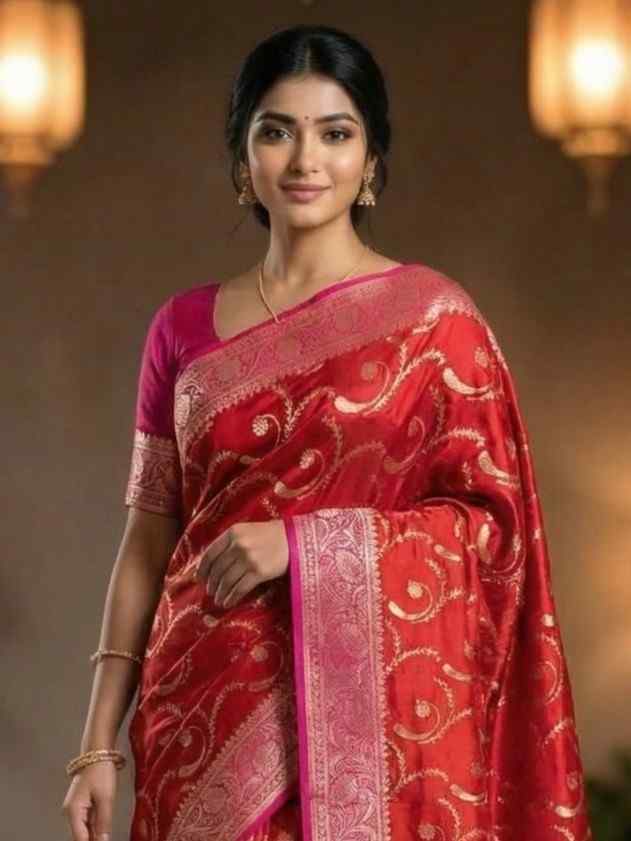 Red Chiniya Silk Pure Banarasi Saree With Floral Zari Jaal Work