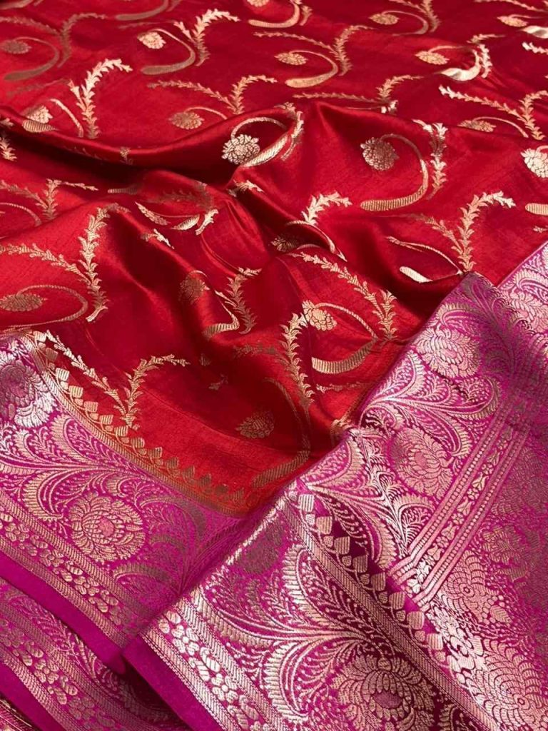 Red Chiniya Silk Pure Banarasi Saree With Floral Zari Jaal Work