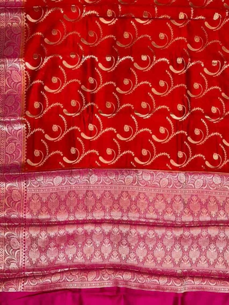 Red Chiniya Silk Pure Banarasi Saree With Floral Zari Jaal Work