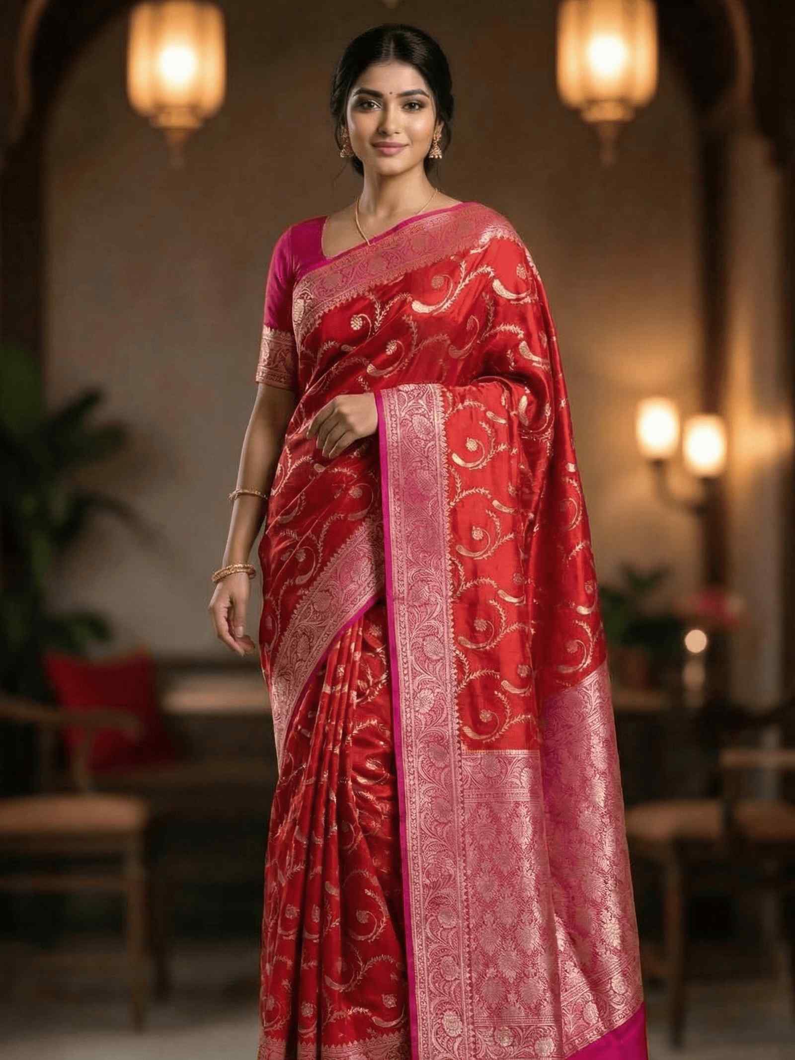 Red Chiniya Silk Pure Banarasi Saree With Floral Zari Jaal Work