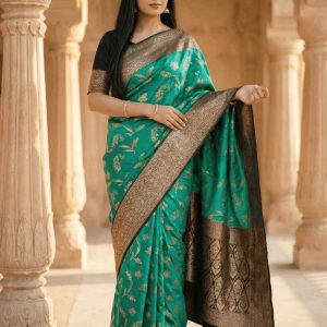 Turquoise Chiniya Silk Pure Banarasi Saree With Floral Zari Jaal Work