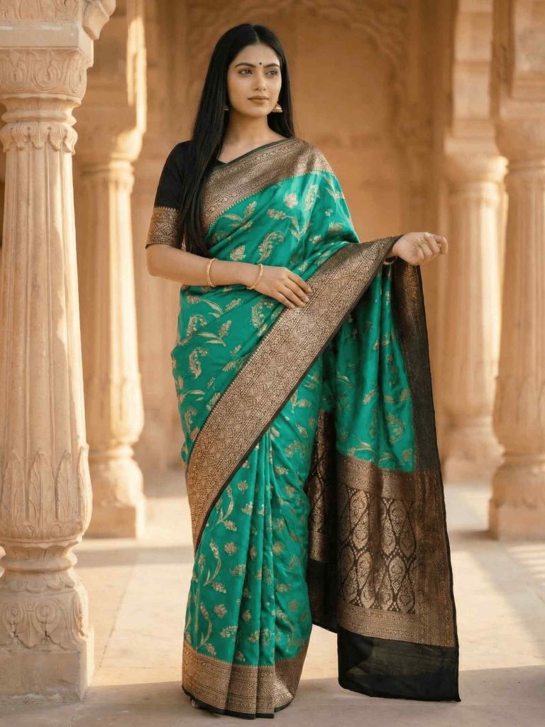 Turquoise Chiniya Silk Pure Banarasi Saree With Floral Zari Jaal Work