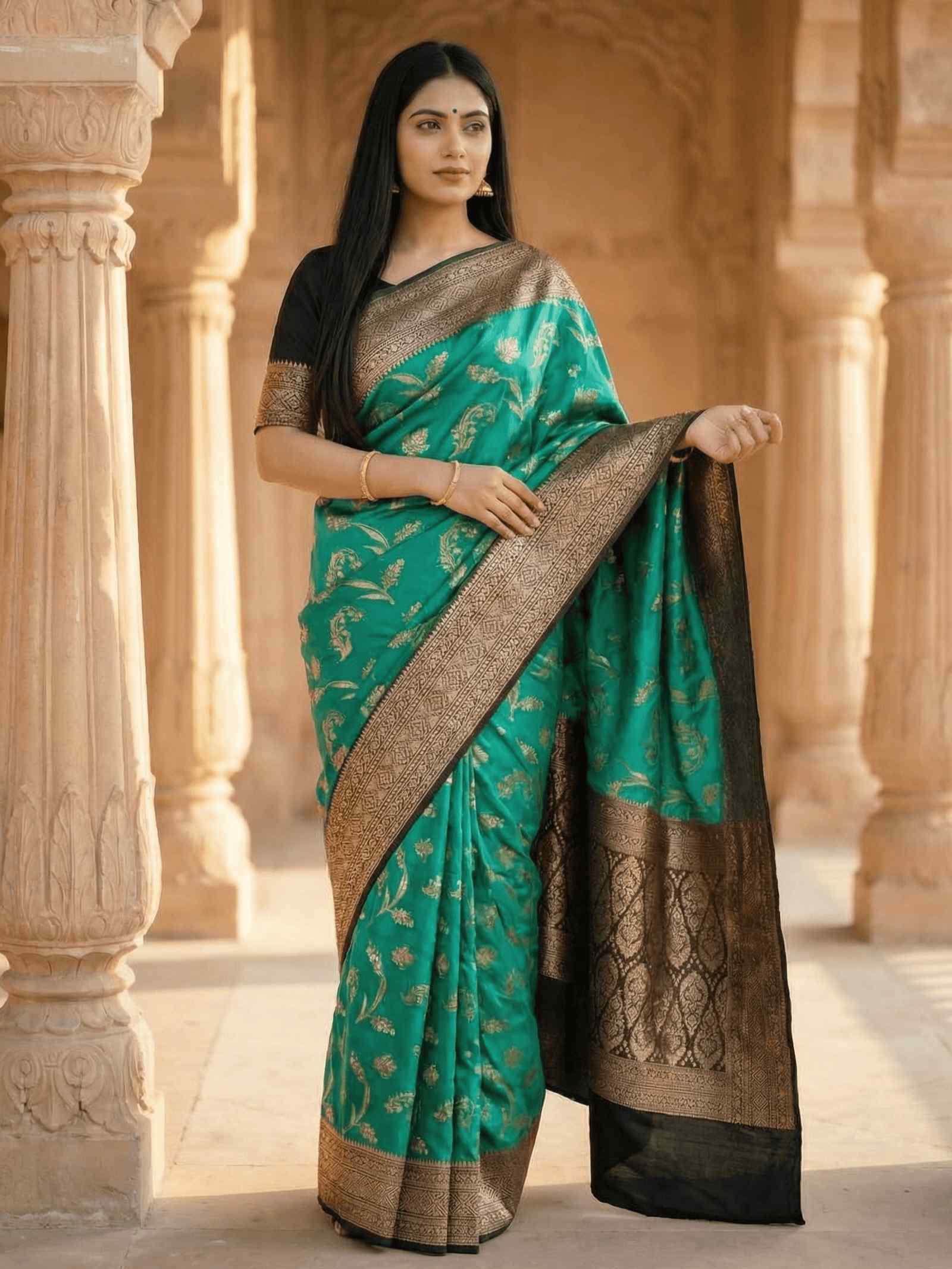 Turquoise Chiniya Silk Pure Banarasi Saree With Floral Zari Jaal Work