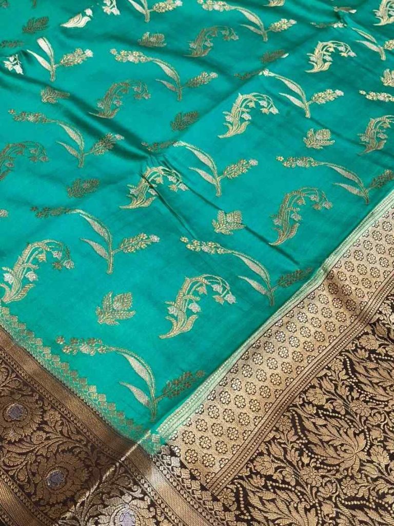 Turquoise Chiniya Silk Pure Banarasi Saree With Floral Zari Jaal Work