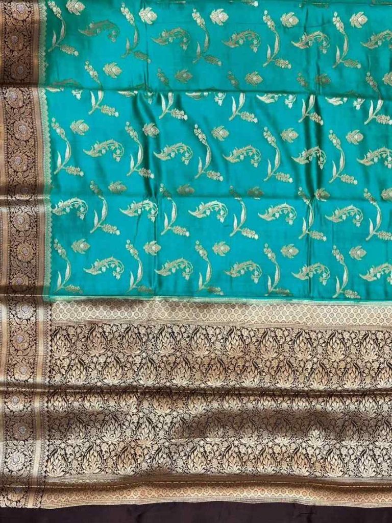 Turquoise Chiniya Silk Pure Banarasi Saree With Floral Zari Jaal Work