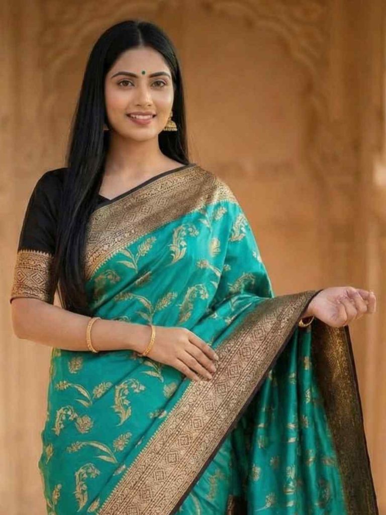 Turquoise Chiniya Silk Pure Banarasi Saree With Floral Zari Jaal Work