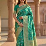 Rama Green Chiniya Silk Pure Banarasi Saree With Floral Zari Jaal Work