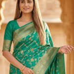 Rama Green Chiniya Silk Pure Banarasi Saree With Floral Zari Jaal Work
